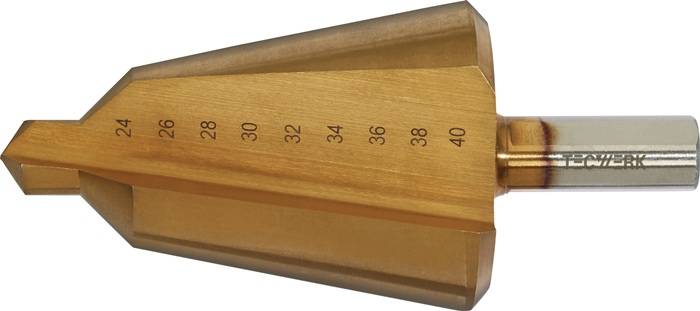 Blechschälbohrer Bohrber.24-40mm HSS TiN Gesamt-L.89mm Z.2 TECWERK