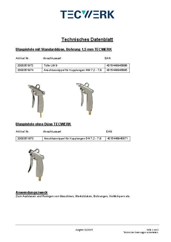 Blaspistole Kupplungsstecker DN 7,2-7,8 m.Standarddüse TECWERK