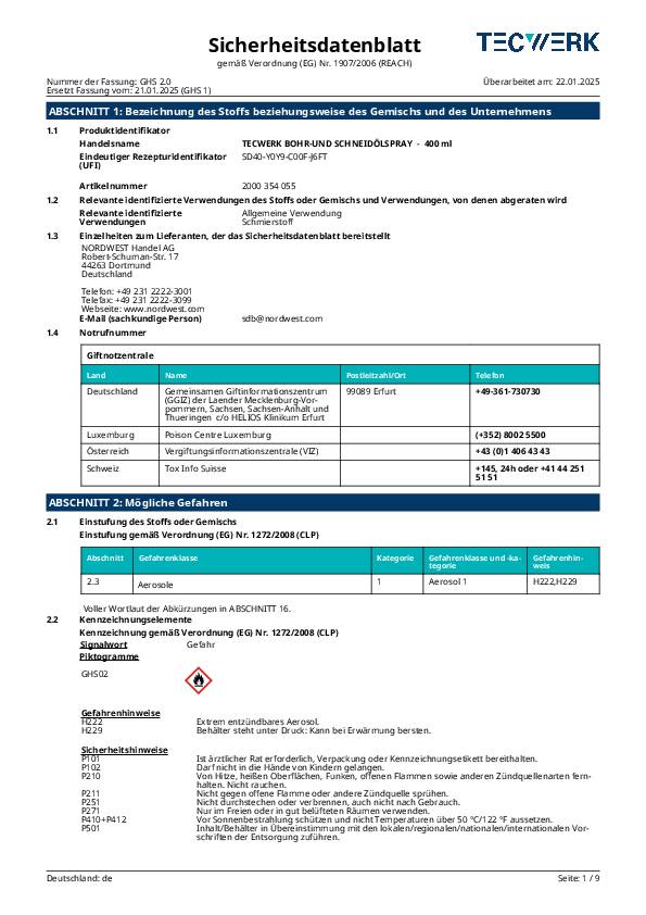 Bohr- u.Schneidölspray 400ml Spraydose TECWERK