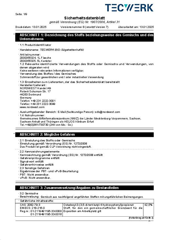 Sägekettenhaftöl BIO 52 mm²/s (bei 40GradC) 5l Kanister TECWERK