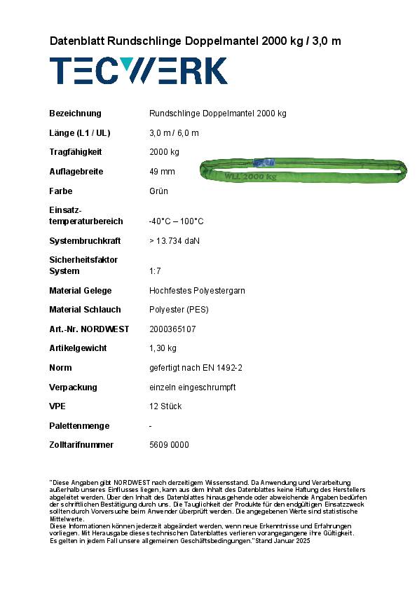 Rundschlinge DIN EN 1492-2 Umfang 6m grün Tragf.einf.2000kg TECWERK