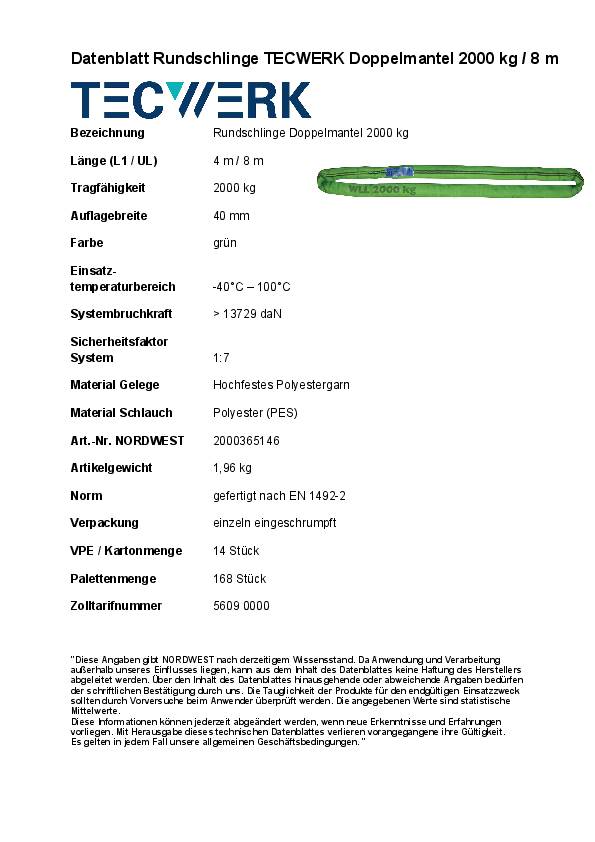 Rundschlinge DIN EN 1492-2 Umfang 8m grün Tragf.einf.2000kg TECWERK