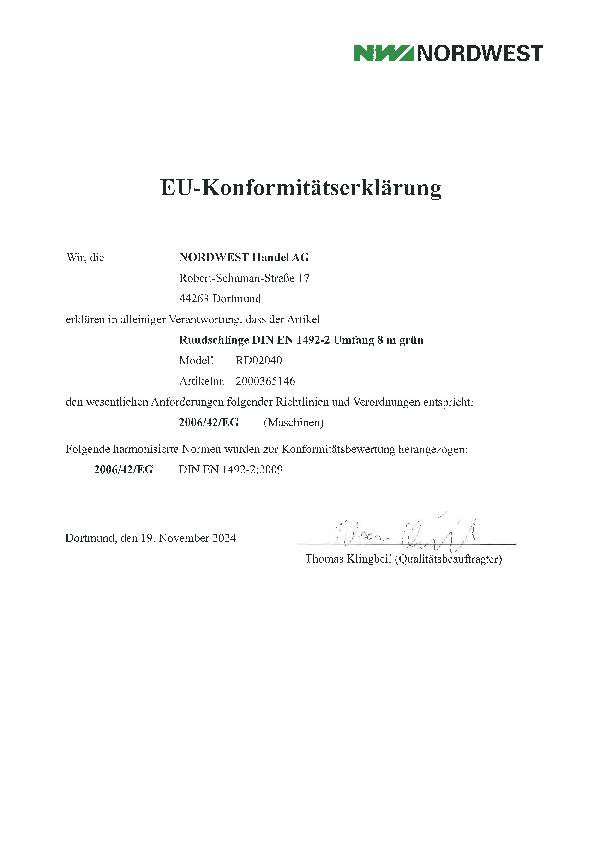 Rundschlinge DIN EN 1492-2 Umfang 8m grün Tragf.einf.2000kg TECWERK