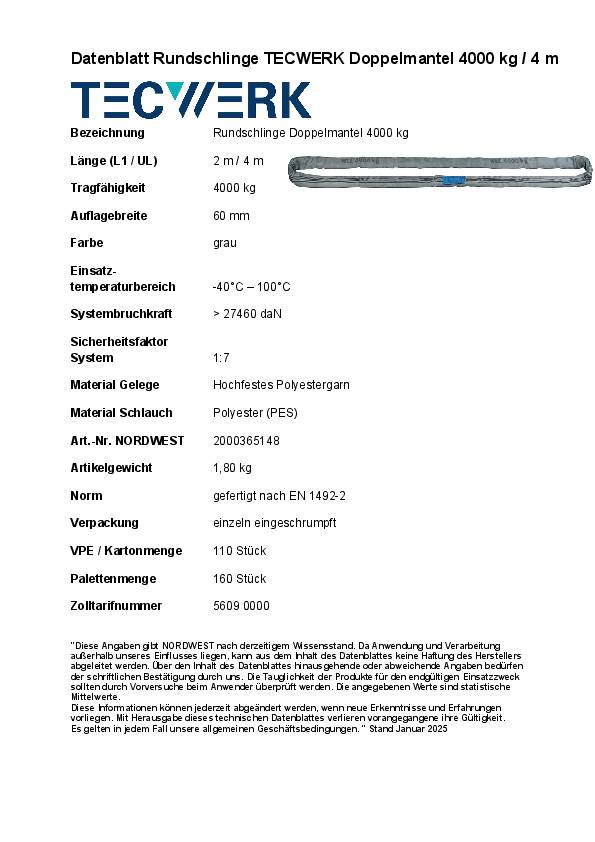 Rundschlinge DIN EN 1492-2 Umfang 4m grau Tragf.einf.4000kg TECWERK