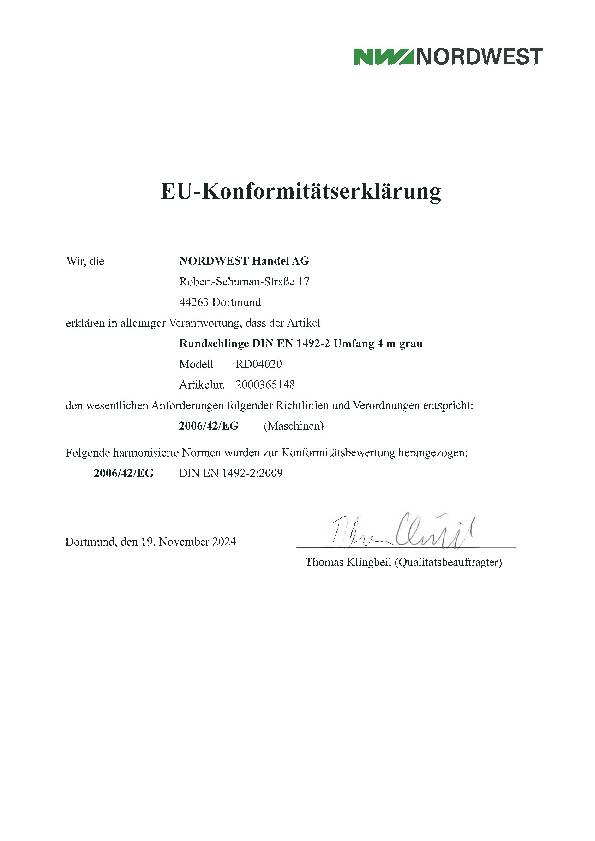 Rundschlinge DIN EN 1492-2 Umfang 4m grau Tragf.einf.4000kg TECWERK