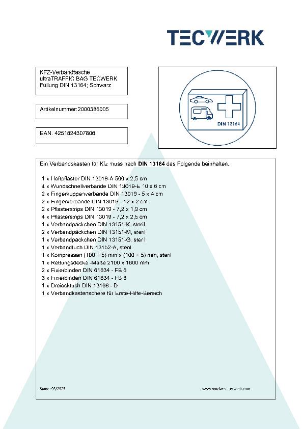 KFZ Verbandtasche ultraTRAFFIC BAG B150xH70xT240ca.mm schwarz TECWERK