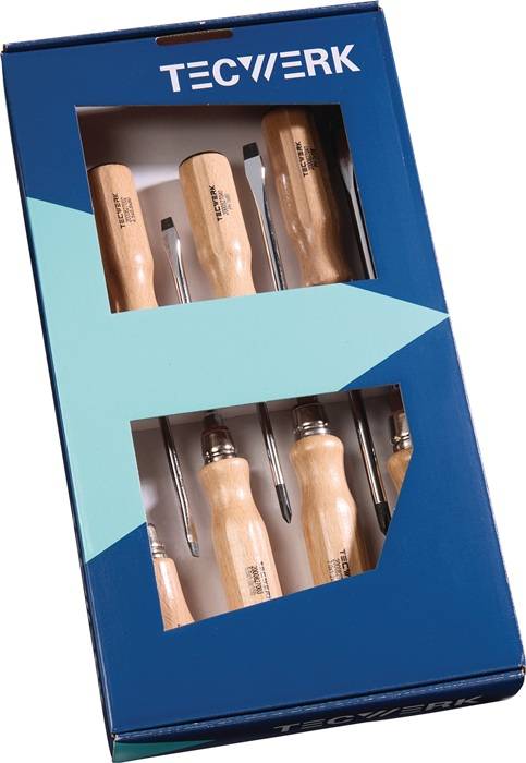 Schraubendrehersatz 7-tlg.Schlitz/PH/Aufreiber Holzgr.Rundklinge m.6-Kt-Ansatz