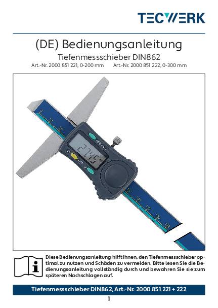 Tiefenmessschieber DIN 862 200mm dig.ger.Schiene TECWERK