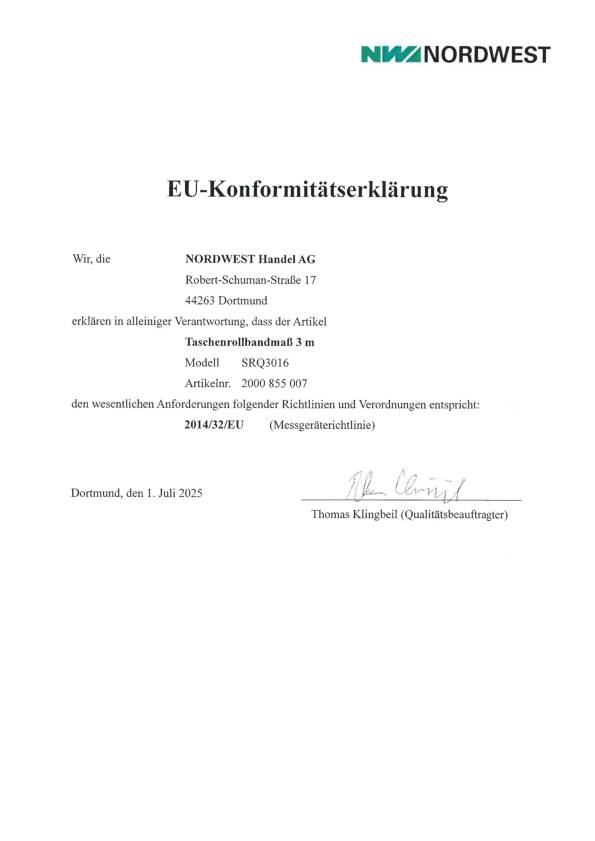 Taschenrollbandmaß L.3m B.16mm mm/cm EG II Ku.Automatic TECWERK
