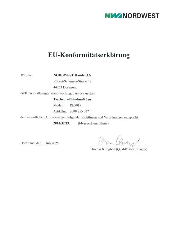 Taschenrollbandmaß L.5m B.19mm mm/cm EG II 2K Automatic TECWERK