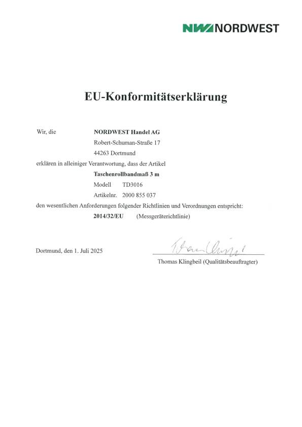 Taschenrollbandmaß L.3m B.16mm mm/cm EG II ABS Selbstarretierung TECWERK