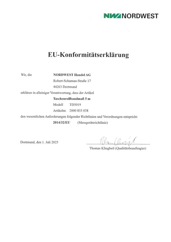 Taschenrollbandmaß L.5m B.19mm mm/cm EG II ABS Selbstarretierung TECWERK