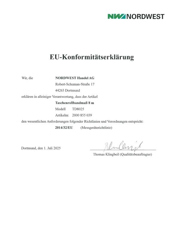 Taschenrollbandmaß L.8m B.25mm mm/cm EG II ABS Selbstarretierung TECWERK