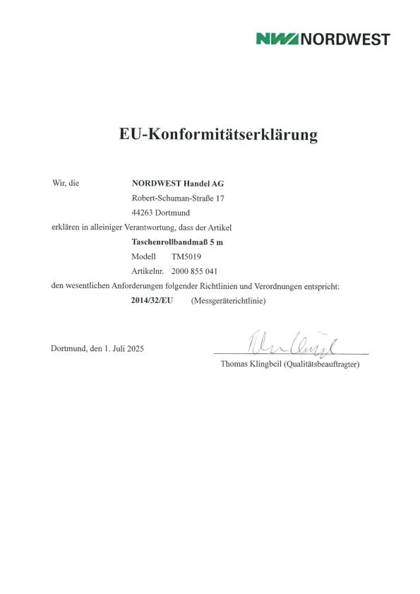 Taschenrollbandmaß L.5m B.19mm mm/cm EG II Ku.CR TECWERK