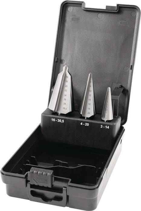 Blechschälbohrersatz 3-14/4-20/16-30,5mm HSS 3tlg.Ku.-Kass.TECWERK