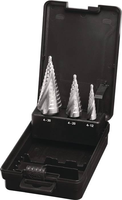 Stufenbohrersatz D.4-12/4-20/4-30mm HSS Spiralnut 3tlg.Ku.-Kass.TECWERK