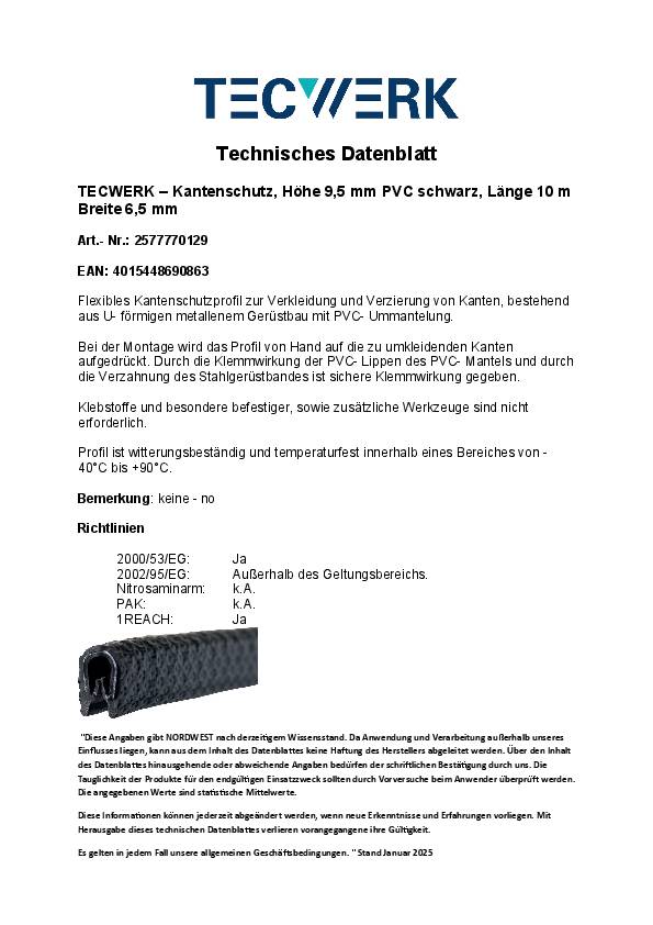 Kantenschutz Klemmber.1-2mm L.10m B.6,5mm H.9,5mm schwarz TECWERK