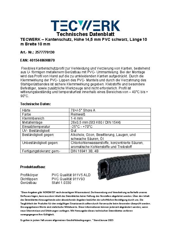 Kantenschutz Klemmber.1-4mm L.10m B.10mm H.14,5mm schwarz TECWERK