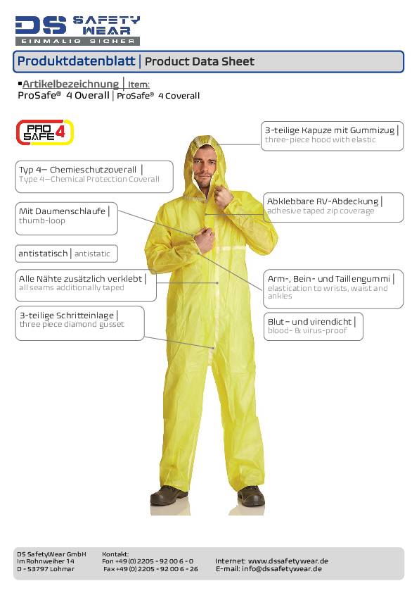 Chemikalienschutzoverall ProSafe® 4 Gr.XXXL gelb PSA III DS SafetyWear
