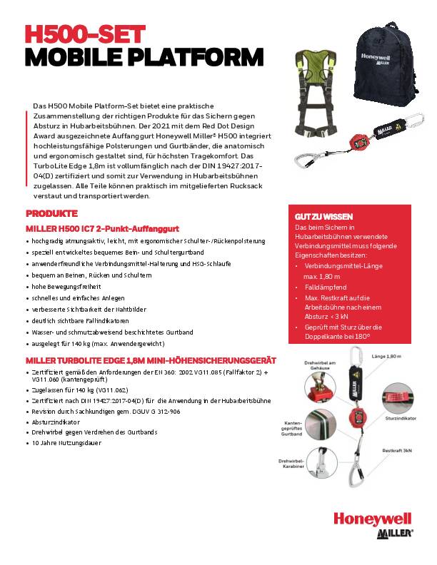 Hubarbeitsbühnenset H500 EN 361,EN 360,DIN 19427 3-tlg.L/XL MILLER BY HONEYWELL