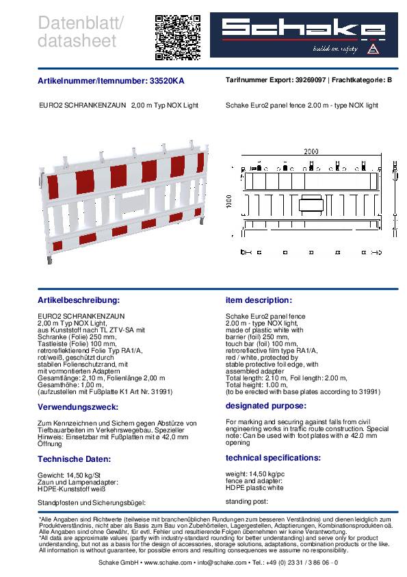 Absperrschrankengitter retroreflektierend Folie Typ RA1/A HDPE L.2100mm SCHAKE
