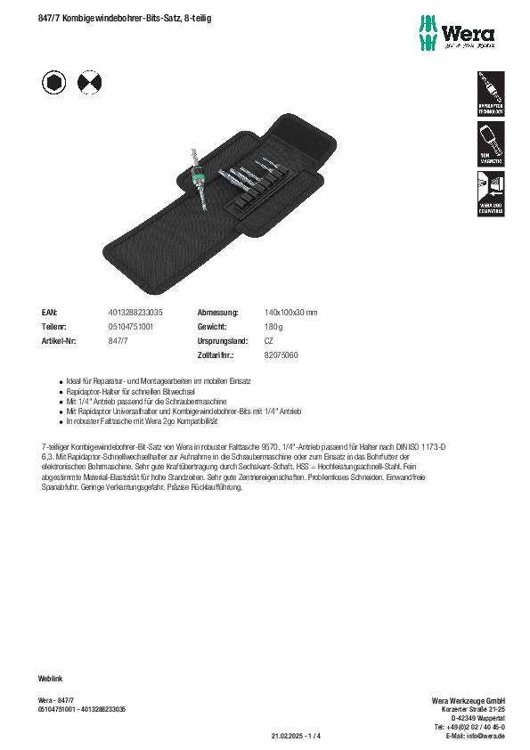Kombigewindebohrer-Bit-Satz 847/7 8-tlg.1/4 Zoll Falt-Ta WERA