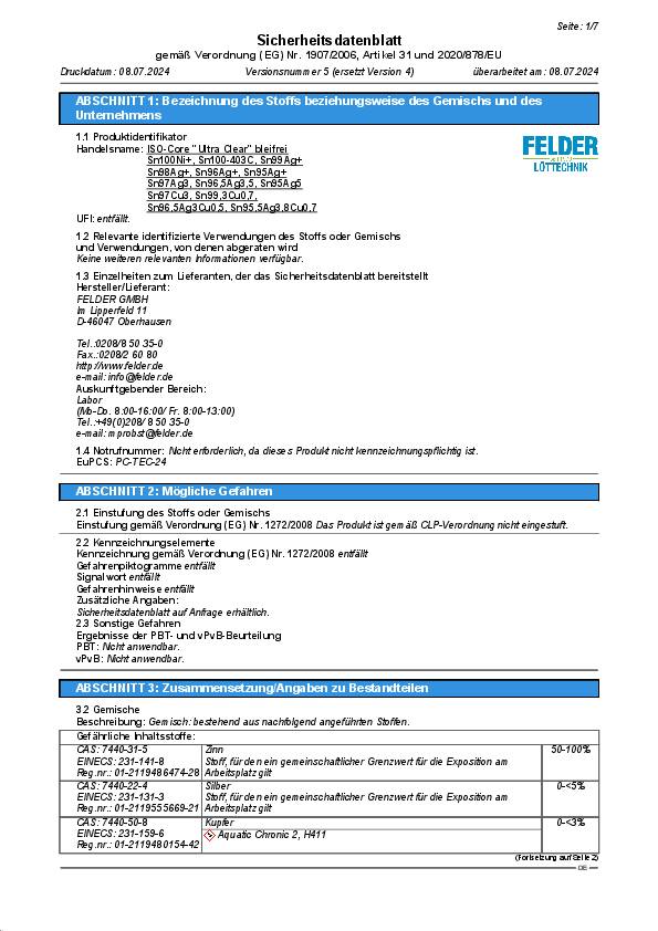 Lötdraht ISO-Core® UltraClear 1,5mm 100g Sn100Ni+ FELDER