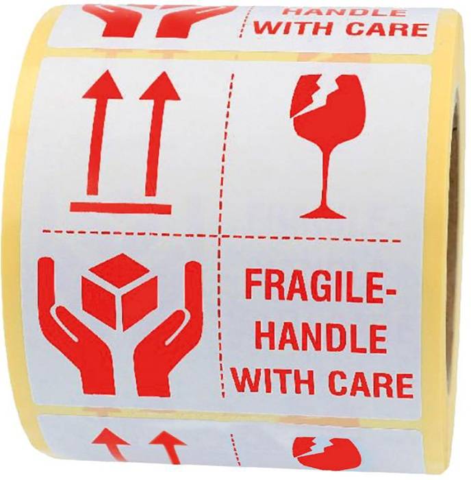 Warnetiketten Fragile - handle with care Maße 100x100mm weiß Rollenkern 76mm