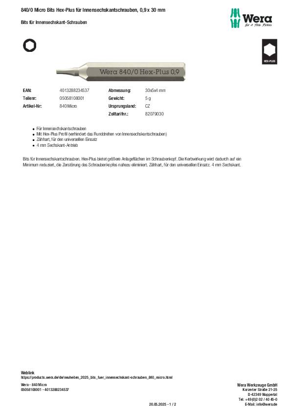 Bit 840/0 Micro 0,9mm L.30mm WERA