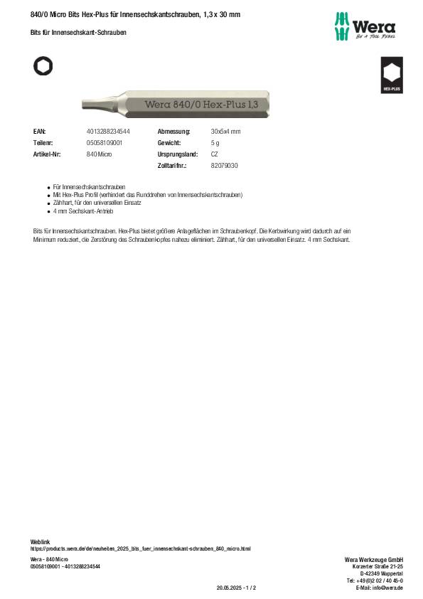 Bit 840/0 Micro 1,3mm L.30mm WERA