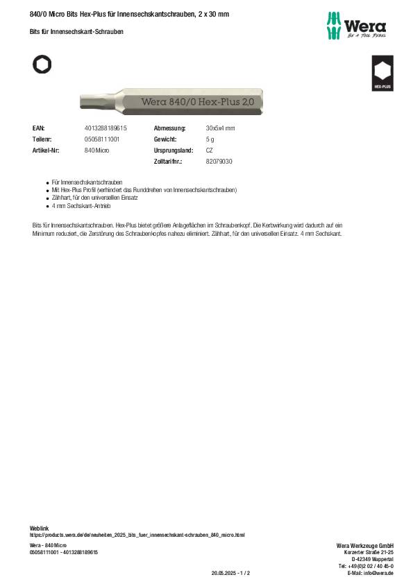 Bit 840/0 Micro 2mm L.30mm WERA
