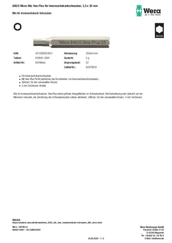 Bit 840/0 Micro 2,5mm L.30mm WERA