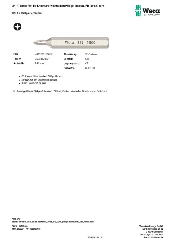 Bit 851/0 Micro PH 00 L.30mm WERA