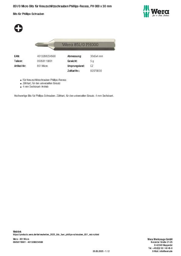 Bit 851/0 Micro PH 000 L.30mm WERA