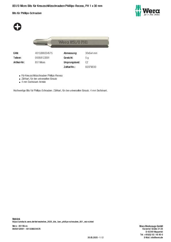 Bit 851/0 Micro PH 1 L.30mm WERA