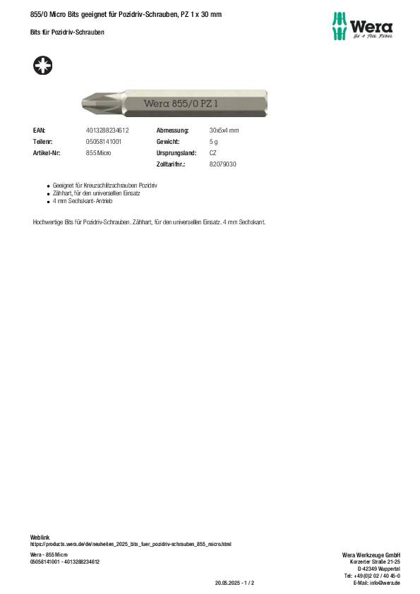 Bit 855/0 Micro PZ 1 L.30mm WERA