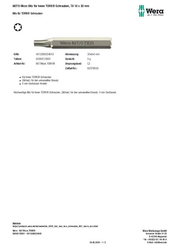 Wera Werk Micro Bits 867 Micro TORX®