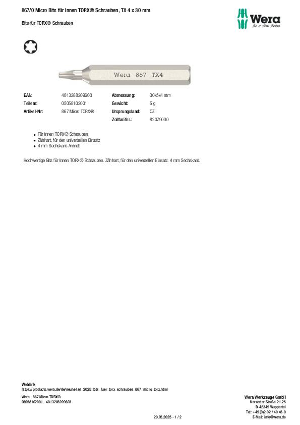 Bit 867/0 Micro TX 4 L.30mm WERA