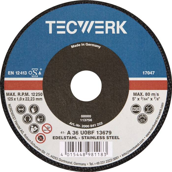 Trennscheibe D125x1mm ger.Keramikkorn Bohr.22,23mm TECWERK