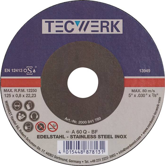 Trennscheibe D125x0,8mm gekr.INOX Bohr.22,23mm TECWERK