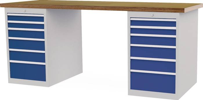 Werkbank B2000xT750xH859mm Buche-Multiplex lichtgrau/signalblau 12Schubl.