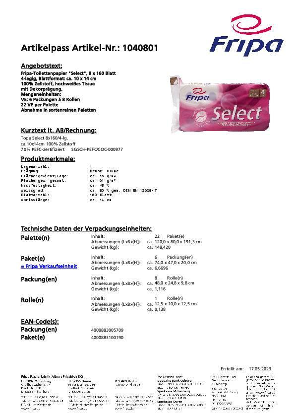 Toilettenpapier Fripa Select 4-lagig FRIPA