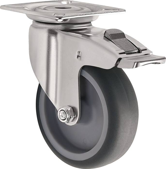 Lenkrolle m.Festst.D.50mm Trgf.50kg m.Platte Gleitlager Gum.grau TECWERK