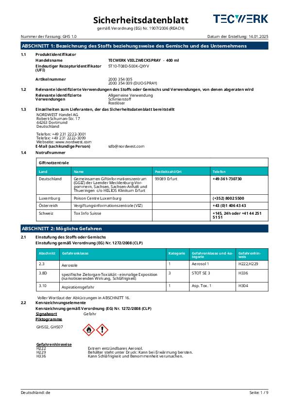 Vielzweckspray 400ml Spraydose TECWERK