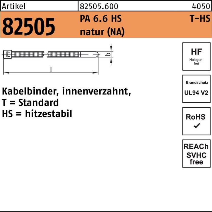 Kabelbinder R 82505 innenverz. 4,7x210/55 PA 6.6 HS natur 100St. HELLERMANNTYTON