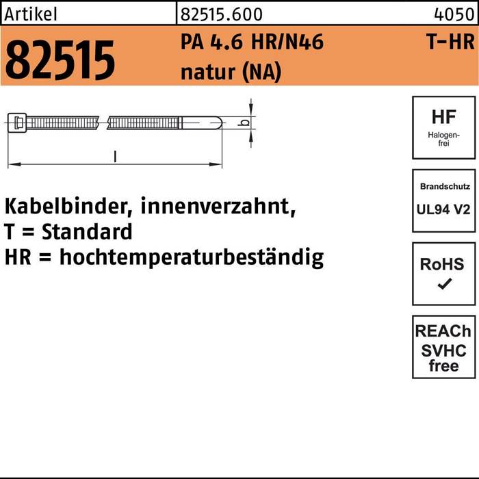 Kabelbinder R 82515 innenverz. 4,6x200/50 PA4.6 HR/N46 NA 100St HELLERMANNTYTON