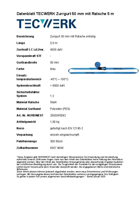 Zurrgurt DIN EN 12195-2 L.5m B.50mm m.Ratsche LC U 4000 daN TECWERK