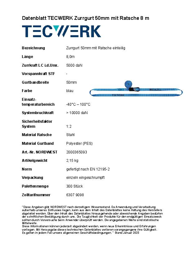 Zurrgurt DIN EN 12195-2 L.8m B.50mm m.Ratsche LC U 5000 daN TECWERK