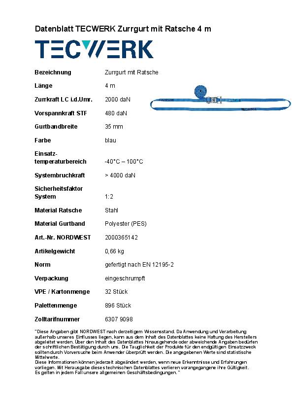 Zurrgurt DIN EN 12195-2 L.4m B.35mm m.Ratsche LC U 2000 daN TECWERK