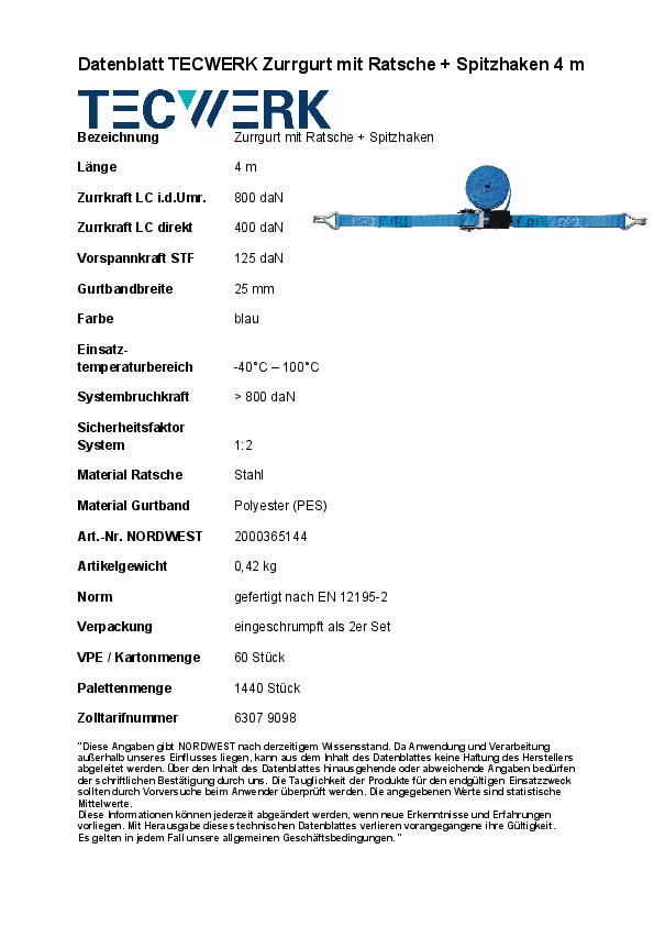 Zurrgurt DIN EN 12195-2 L.4m B.25mm m.Ratsche+Spitzh.LC U 800 daN TECWERK